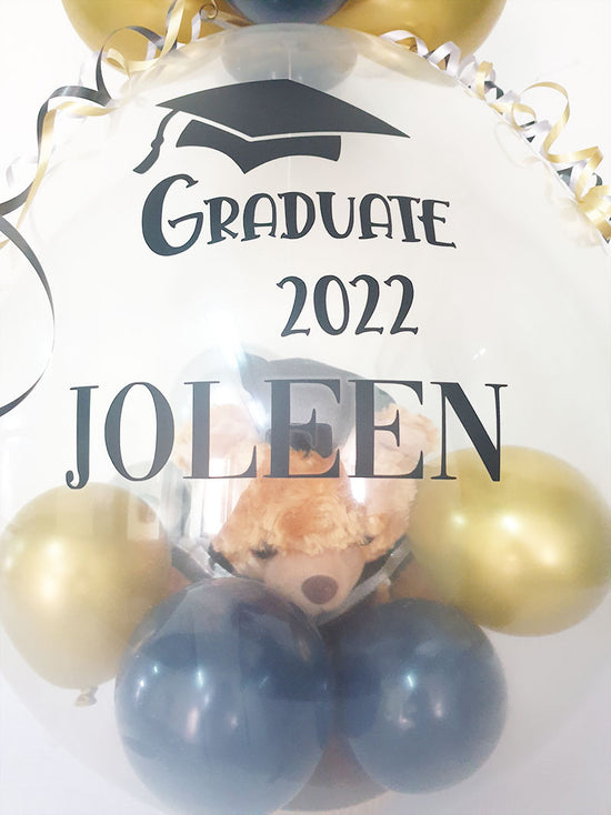 Sending a graduation bear in style with customised name printed on the balloon.
