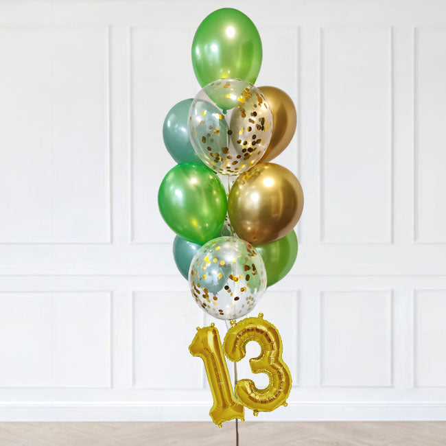 Green Helium Balloons Singapore with chrome gold and confetti latex balloons.