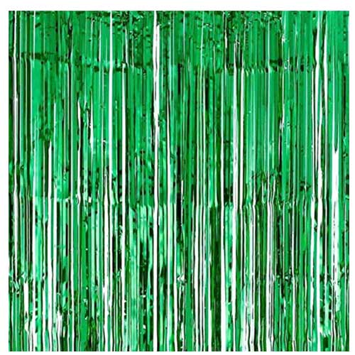 Green foil streamer backdrop for a nice backdrop at the cake cutting table.