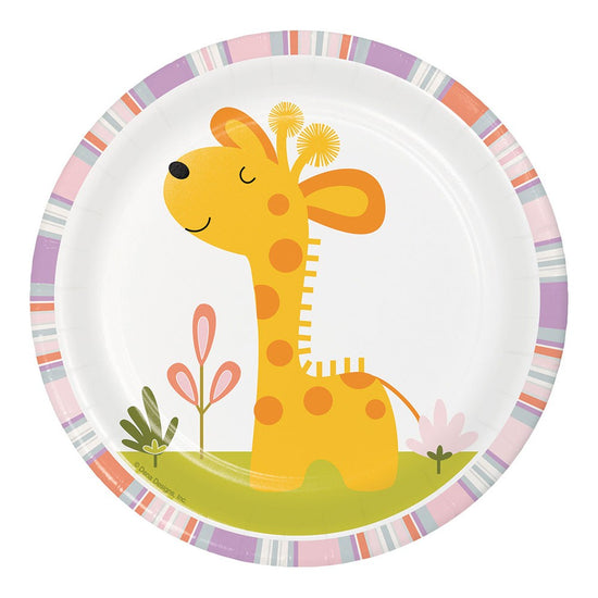 Happi Jungle themed 7" paper plates comes in the soft pastel colors to feature a cute little baby giraffe. Perfect for appetizers, snacks, and cake. 