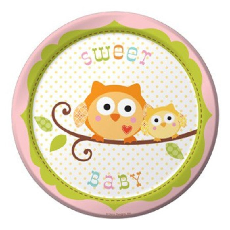 Happi Tree themed 7" paper plates comes in the soft pastel colors to feature a cute little baby owl. Perfect for appetizers, snacks, and cake. Sold in quantities of 8 per pack.
