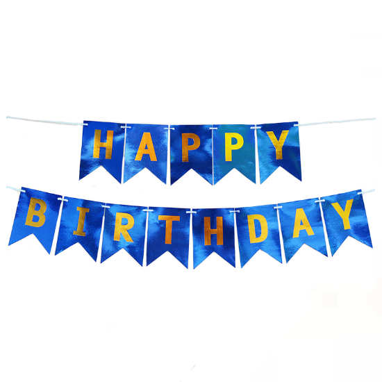 Holographic Dark Blue Happy Birthday Banner that is shimmering and glitery.