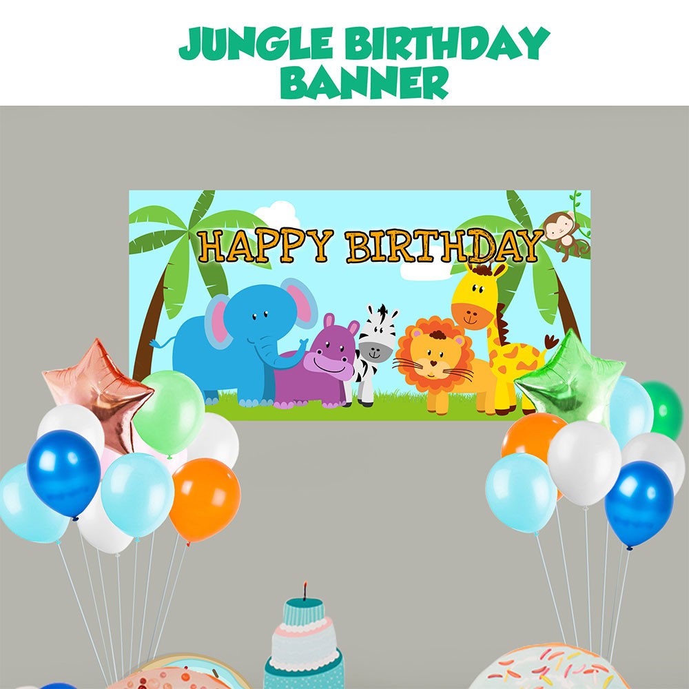 Lovely and adorable jungle animals poster banner for your birthday cake table backdrop. Lovely in pastel blue tones, dots and stars, it certainly helps to make cake cutting photos a lot nicer!
