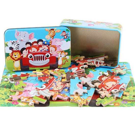 Lovely party favour gifts with a tin box packed with puzzle games inside. What a marvellous idea for a Safari themed Party!