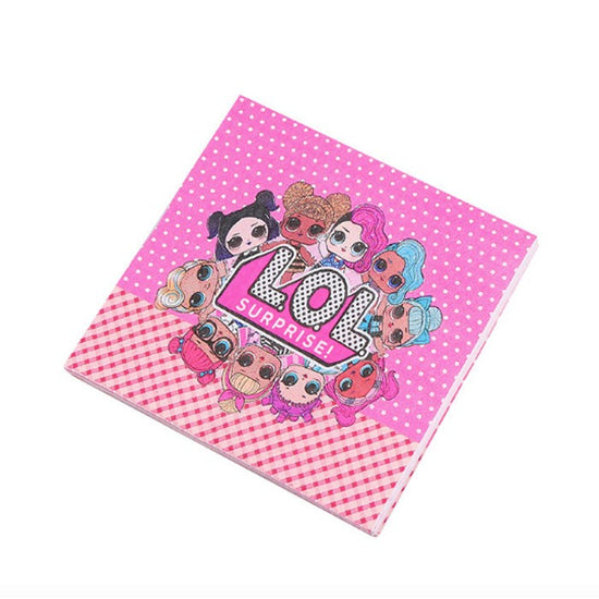 Kids love these. LOL surprise party napkins in bright colours and against a soft pastel pink background. Best Party ever!