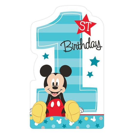 Invite friends and family to your little boy's first Mickey Mouse birthday party with these charming die-cut Mickey Fun to Be One Invitations.