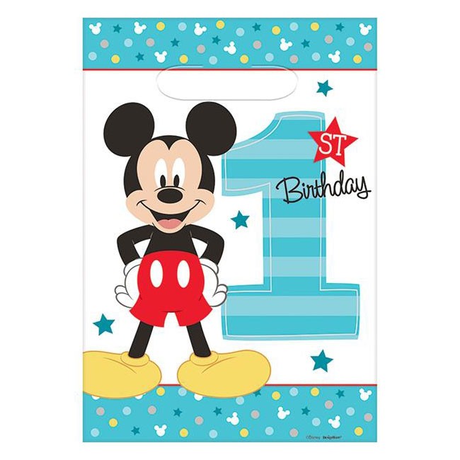 Delightful loot bags with a blue background featuring the adorable Mickey Mouse.