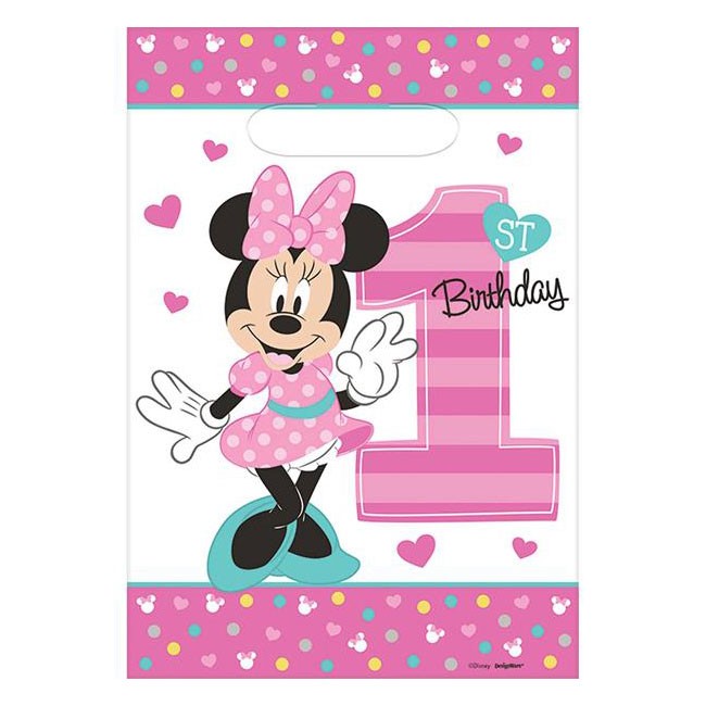 Minnie Mouse 1st Birthday Favor Bags which are made of lightweight plastic. Add child-friendly favors and treats to send home with each of your first birthday party guest