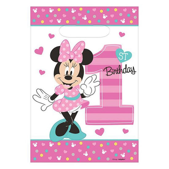 Minnie Mouse 1st Birthday Favor Bags which are made of lightweight plastic. Add child-friendly favors and treats to send home with each of your first birthday party guest