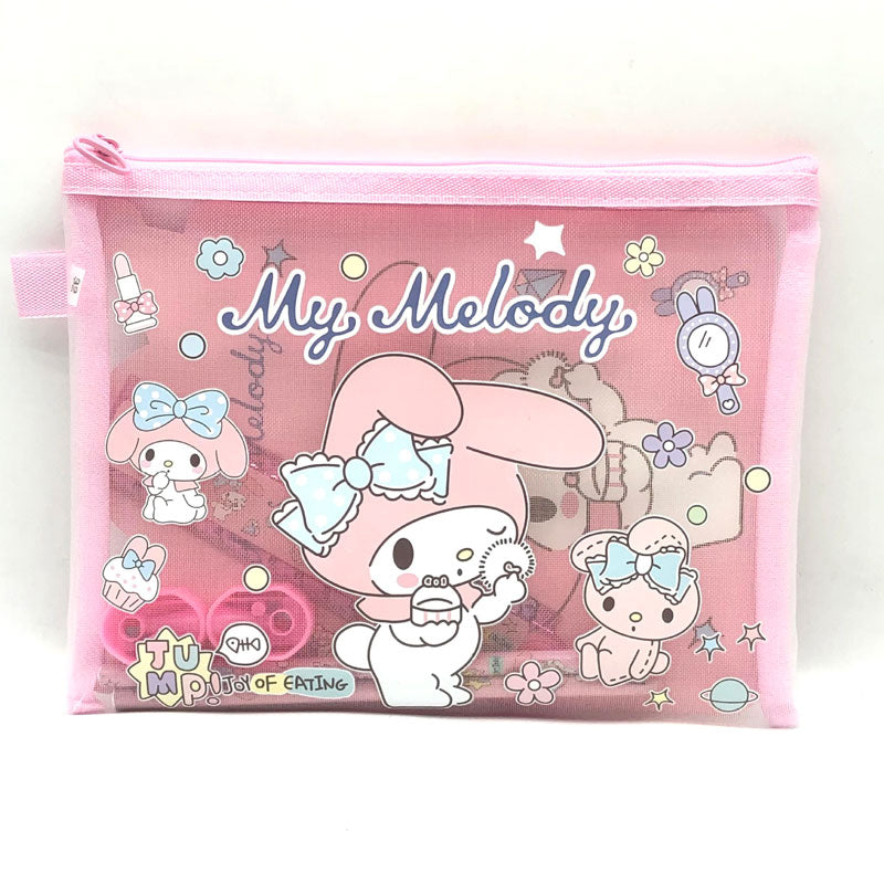 Sweet My Melody design pencil case with matching pencils and stationery inside.