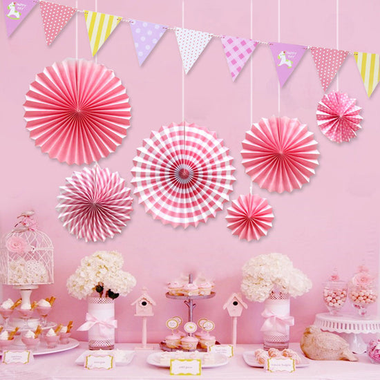 Lovely dessert table decoration with coloured fan set.