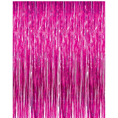 Hot pink party backdrop set up with foil streamers. Ladies night out is so fun!