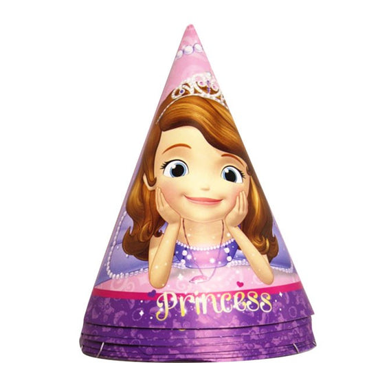 Sweet and cute Sofia the First party cone hats are placed nicely on the gift table for the arriving guest to put 1 on when they enter.