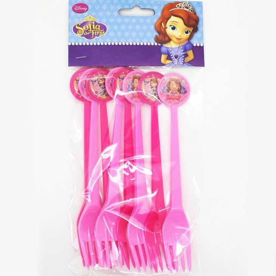 Sofia the First party forks for serving the desserts and the cake.