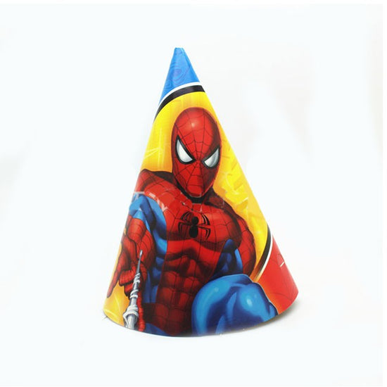 Spiderman party cone hats for all the superheroes to get into birthday celebration mood.