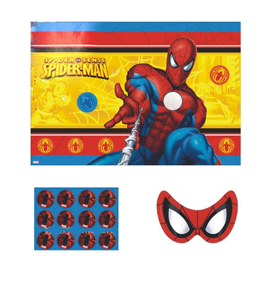 Stick the spidey logo emblem onto Spiderman's suit at his chest with the guide from the voices of your team mates while you are blind-folded.