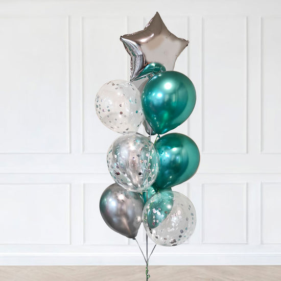 Silver and Green Chrome and Confetti Balloons.