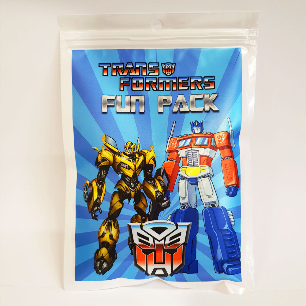 Transformers Fun Pack - Get ready for action packed party with Optimus Prime and Bumble Bee Goody Bags with games, stickers and colouring - A perfect favour gift pack to mark the fun and interesting Birthday Party.