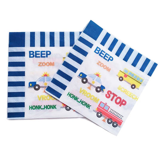 Transportation Fun themed napkins, printed with colourful vehicles. These are the boys' favourite theme