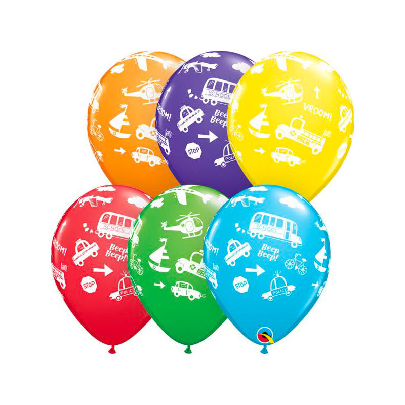 Transportation themed latex balloons with prints of various vehicles like cars, boats, plans, trains etc.