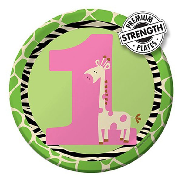 Cute Little Giraffe with a bright pink number 1, to celebrate the very special 1st birthday. 7" paper plates with the blending soft green tone and highlighted with zebra stripes and giraffe spots for the Wild at One signature design.