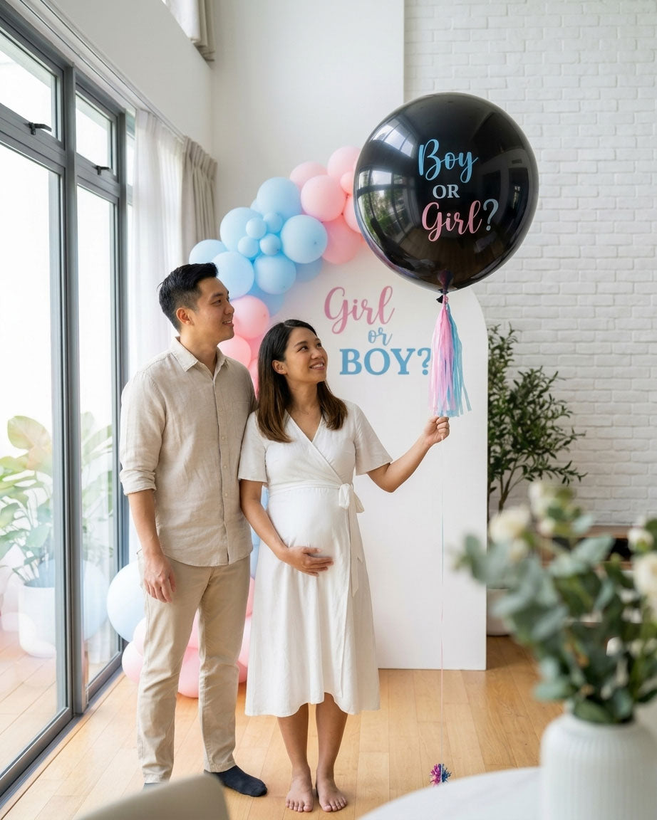 Young Couple Celebrating a Gender Reveal Party with lovely backdrop and a burst balloon.