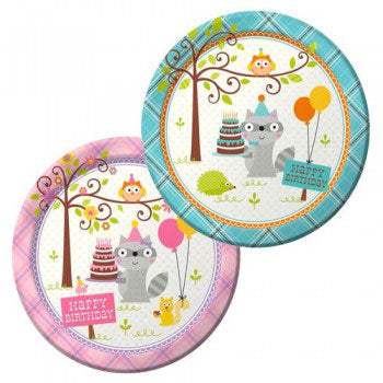 Happi Woodlands Party Supplies Cool soft coloured birthday party theme featuring cute forest animals featuring racoon, owl, hedgehog… for birthday girl or boy