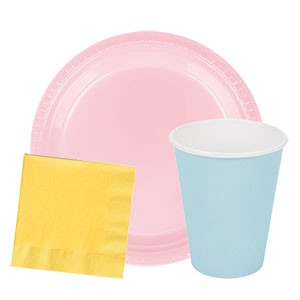 Colored Plates and Cups - useful partyware for your birthday cake serving or dessert treats!