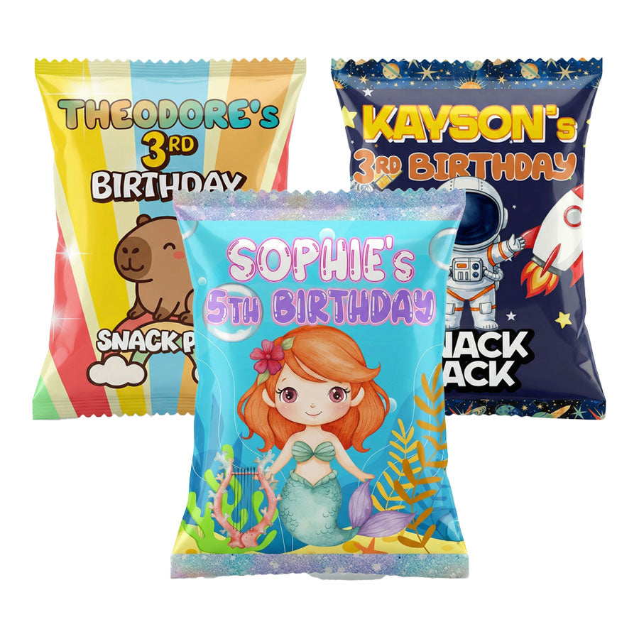 Custom printed themed goody bags with snacks.