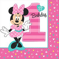 Bright pink style Birthday Party supplies under Minnie Mouse Fun to Be One theme.
