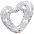 A 42 inch round pearl white balloon with a hearts and filigree pattern.