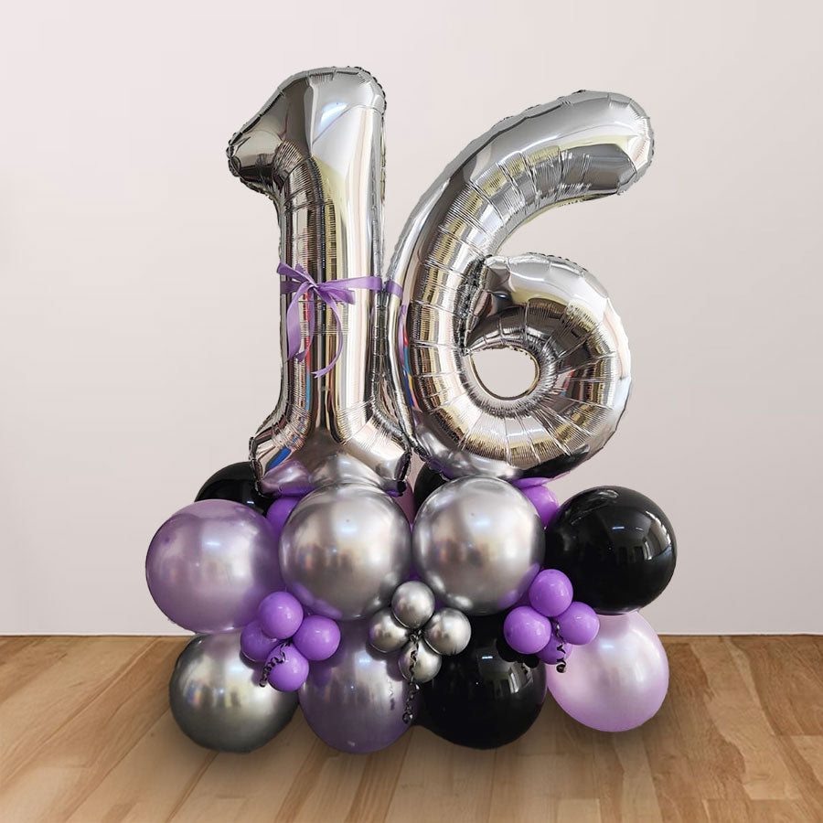 Black Silver Lilac Double Number Balloon Cluster Stand