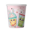 Paper cup with cartoon bubble tea design on a pink background
