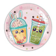 Round paper plate with cartoon bubble tea design on a pink background