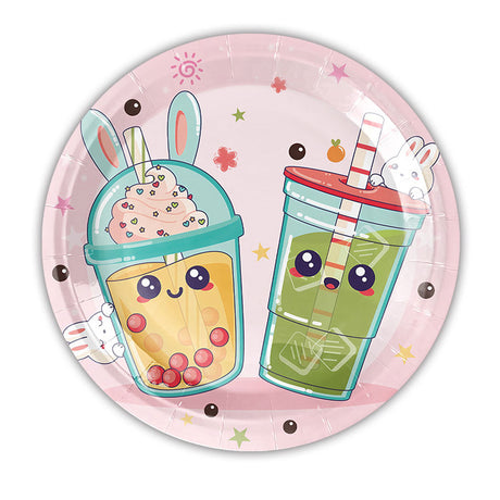 Round paper plate with cartoon bubble tea design on a pink background