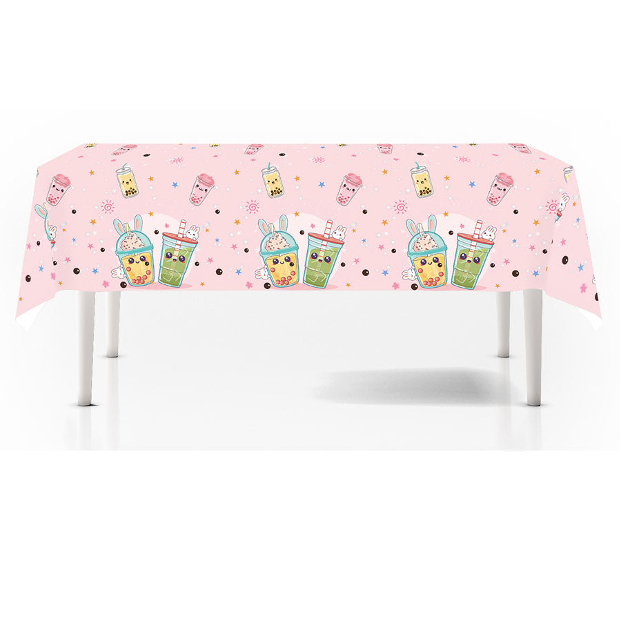 Tablecloth with cartoon character design on a pink background