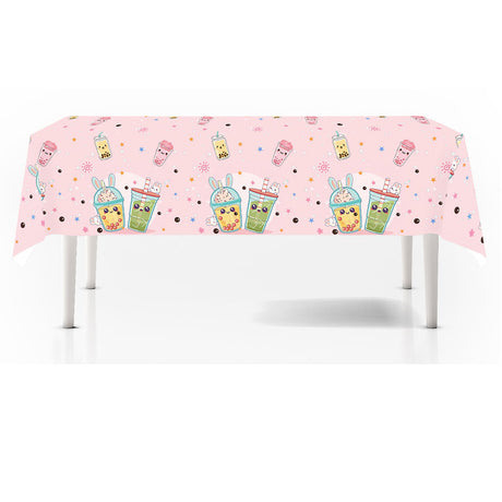 Tablecloth with cartoon character design on a pink background