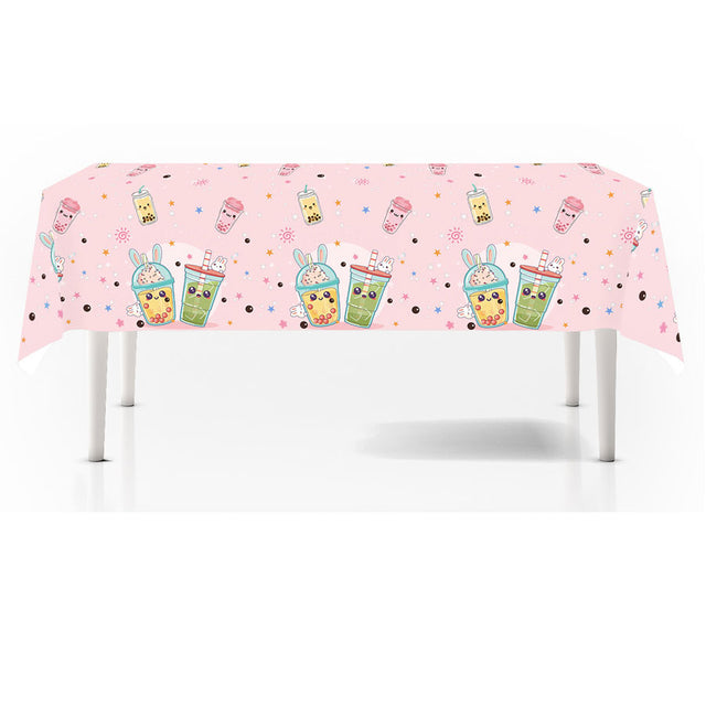 Tablecloth with cartoon character design on a pink background