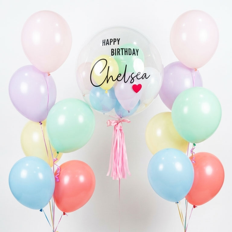 Customised Bubble Balloon with 2 Macaron Colored Latex Bouquets