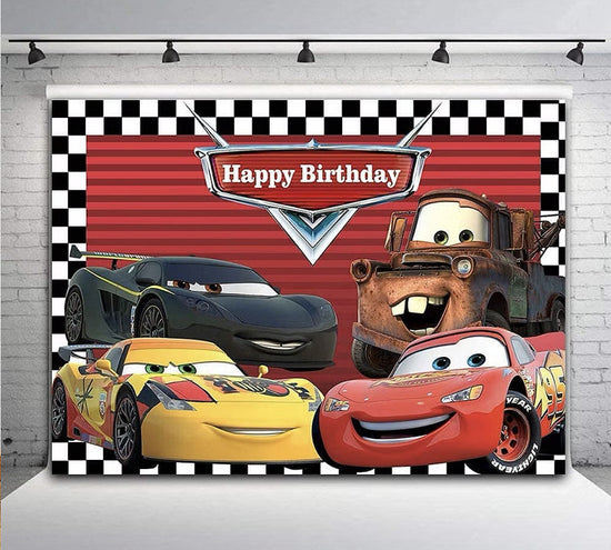 Cars Happy Birthday Backdrop decoration featuring Lightning McQueen and friends.