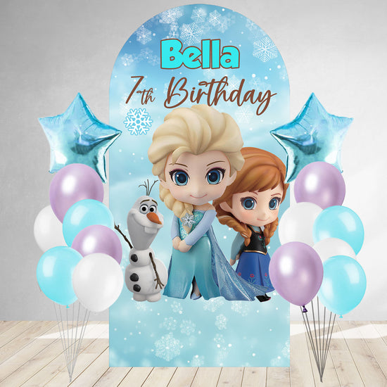 Cute Frozen backdrop featuring Elsa and Anna and Olaf.