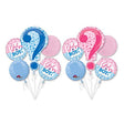 A bouquet of gender reveal balloons with one dual-sided question mark balloon, and two 18-inch matching theme balloons in blue and pink, along with two round shaped balloons.