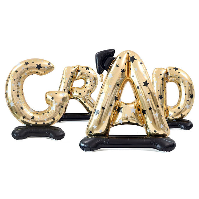 Black and gold GRAD standing balloon set for graduation ceremony