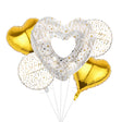 A set of metallic foil balloons shaped in hearts, including two gold heart balloons and two white heart balloons with gold heart patterns and 'Happy Anniversary' script, tied together with white strings on a white background.