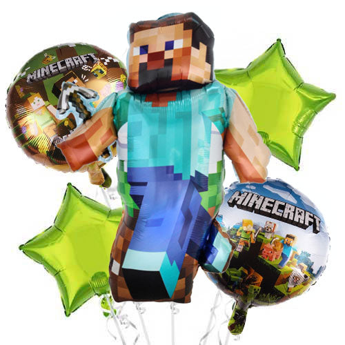 Cool Minecraft balloon bouquet with a jumbo Steve Balloon right at the middle of it.