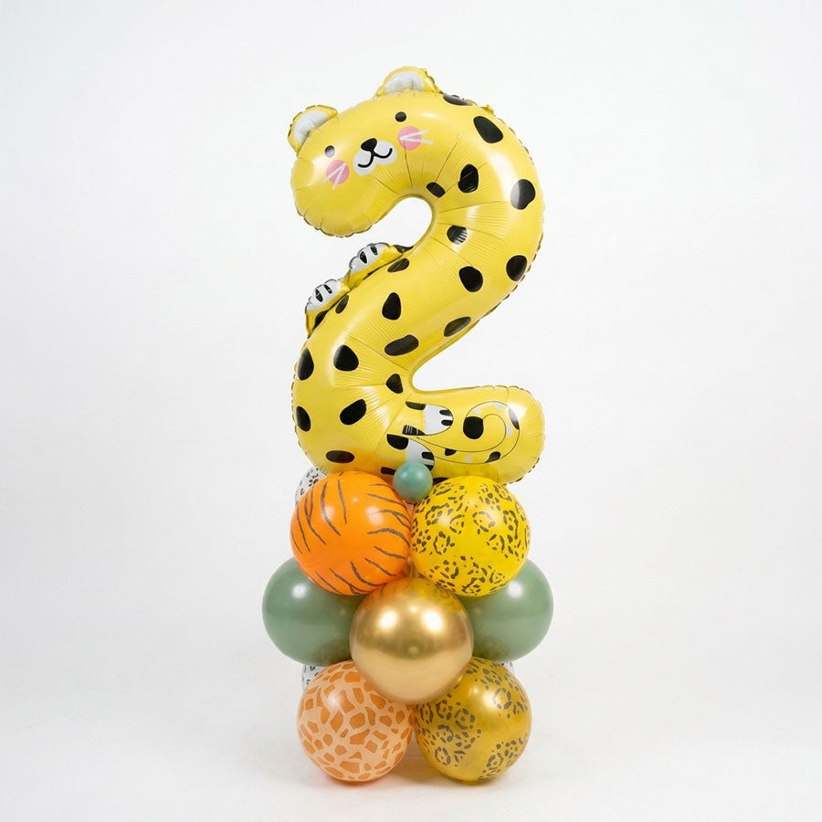 Decorative Jungle Animal balloon arrangement with a number 2 shaped like a cheetah on a white background