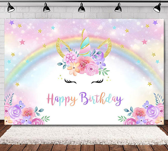 Magical Unicorn Birthday Fabric Backdrop Banner in Pink, Lilac and pastel rainbow! Great for birthday party decoration.