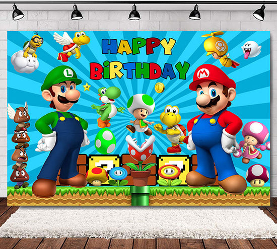 Super Mario Brothers themed birthday backdrop at 125cm x 80cm for your cake cutting party decoration set up.