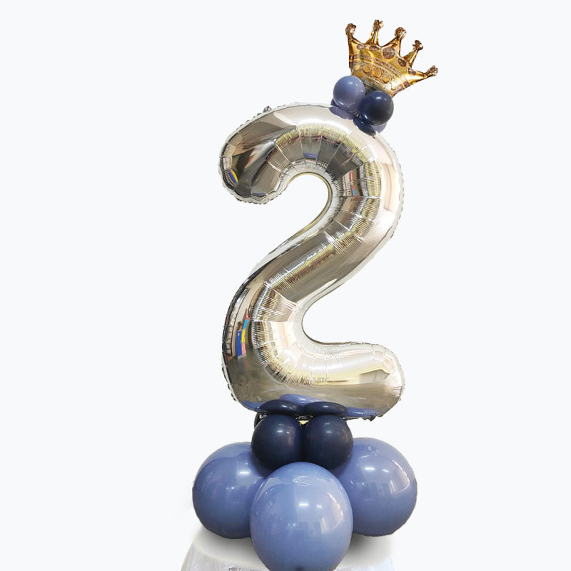 Silver Number Balloon Table Display in Smokey Blue with Crown