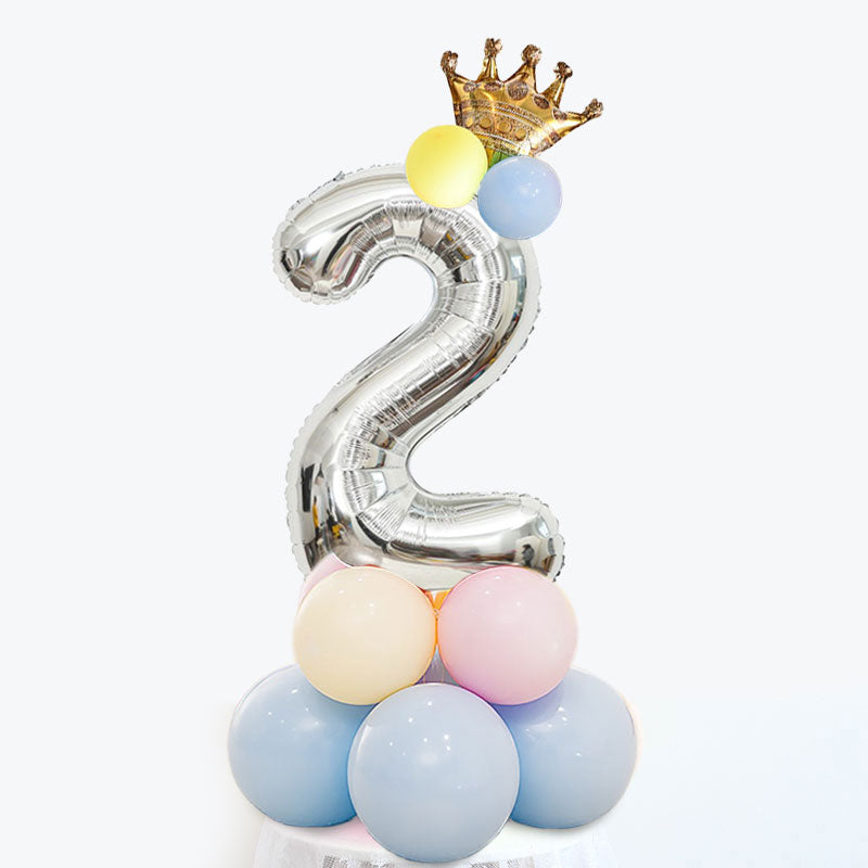 Silver Number Balloon Table Display in Macaron Colours with Crown